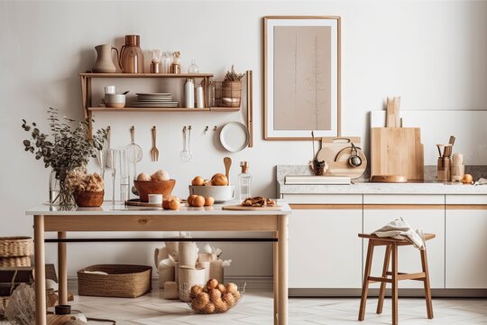 Kitchen interior with a stylish and retro feel that includes a tiny wooden table with a mock up photo frame, plant, box, design cups, furnishings, and delectable dessert. Scandinavian Generative AI