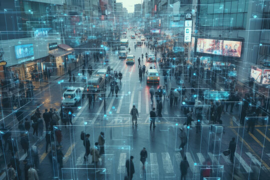 People crowd at city street tracking by surveillance camera. Face recognition and personal identification technologies system. Created with Generative AI