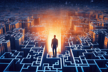 Fototapeta premium Person find exit from labyrinth in digital world. Human silhouette lost in futuristic technology maze. Digital addiction. Created with Generative AI
