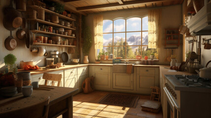 Obraz na płótnie Canvas Stylish kitchen interior with morning light in large window, retro design. Cozy scandi style kitchen background. Created with Generative AI