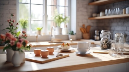 Fototapeta premium Kitchen wooden table top with breakfast at morning time. Scandinavian style vintage kitchen interior. Created with Generative AI