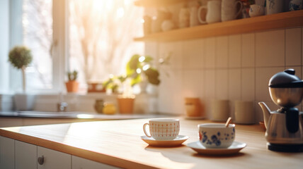 Obraz na płótnie Canvas Kitchen wooden table top with breakfast at morning time. Scandinavian style vintage kitchen interior. Created with Generative AI