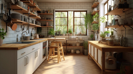 Fototapeta na wymiar Stylish kitchen interior with morning light in large window, retro design. Cozy scandi style kitchen background. Created with Generative AI