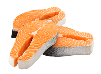 salmon, trout, steak, slice of fresh raw fish, isolated on white background, full depth of field