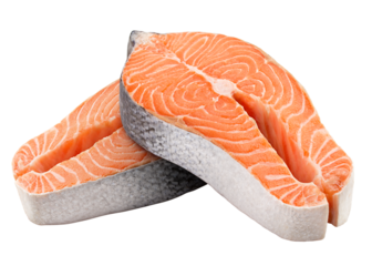 salmon, trout, steak, slice of fresh raw fish, isolated on white background, full depth of field