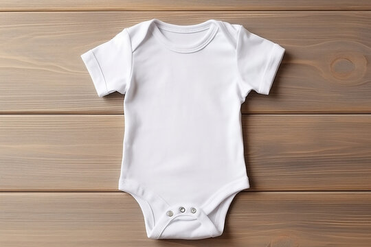 Minimal white short sleeve baby bodysuit mockup with neutral gender design, generative AI