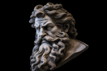Enigmatic Greek God Sculpture with Majestic Long Beard on Dark Background, generative AI