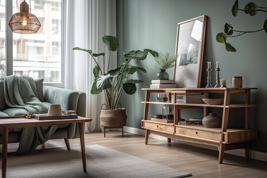 Living area in excellent apartment with minimalist decor, chic bookcase, glass vases filled with tropical flowers, and elegant accents. Copy space The color scheme of eucalyptus. Generative AI