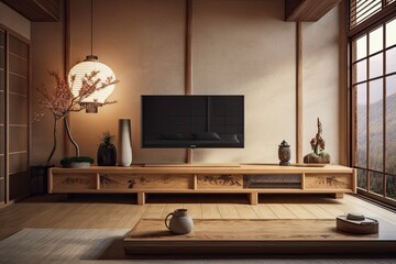 Japanese style minimalist decorations and wood cabinets in the ryokan room. Generative AI