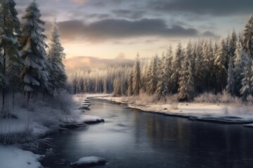 AI Generated lake view with forest and river in winter background