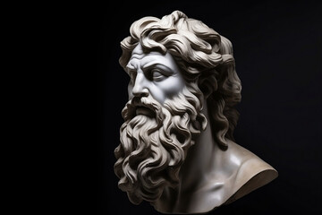 Fototapeta na wymiar Enigmatic Greek god sculpture with a majestic beard on a dark background, generative AI