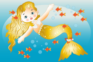 Baby mermaid with gold hair and thing in the water surrounded by goldfish