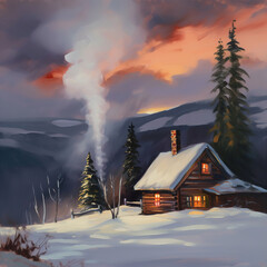 cozy cabin nestled in the snowy mountains, with smoke rising from the chimney and a warm glow emanating from the windows. Oil paint style, generative ai 