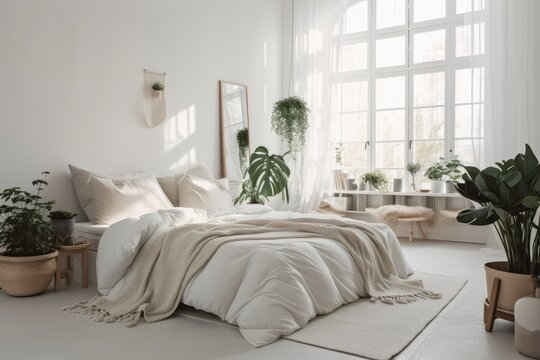 Large bed with cozy bedding, soft gray carpet, plants in pots, light on the floor, and window with curtains against a backdrop of white walls. Blog about furniture, advertisements, and Generative AI