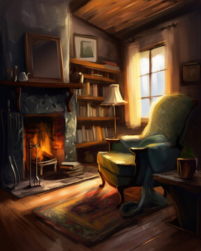 cozy interior scene with a fireplace, a comfortable armchair, and a stack of books on a nearby table. Oil paint style, generative ai 
