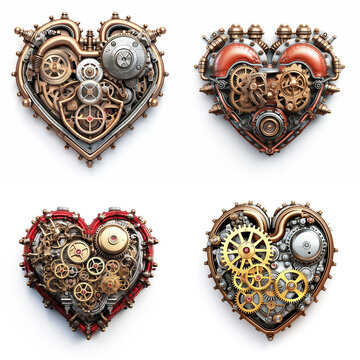 Four hearts shapes in steampunk style symbolic. Concept heart generative AI image. Symbol of heartbeat clockwork romance and working hard 