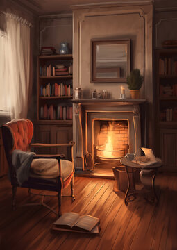 cozy interior scene with a fireplace, a comfortable armchair, and a stack of books on a nearby table. Oil paint style, generative ai 