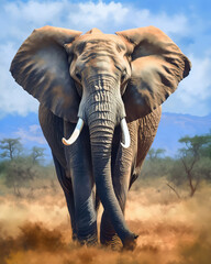 Fototapeta na wymiar majestic elephant with large tusks, standing in an African savannah. Oil paint style, generative ai