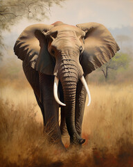 Fototapeta na wymiar majestic elephant with large tusks, standing in an African savannah. Oil paint style, generative ai
