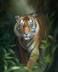 majestic tiger with piercing green eyes and black stripes, standing in a jungle setting. Oil paint style, generative ai 
