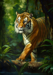 Fototapeta na wymiar majestic tiger with piercing green eyes and black stripes, standing in a jungle setting. Oil paint style, generative ai 