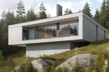 Obraz na płótnie Canvas Modern Scandinavian style concrete and glass house design on a mountain slope, generative ai 