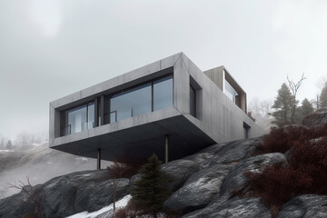 Obraz na płótnie Canvas Modern Scandinavian style concrete and glass house design on a mountain slope, generative ai 