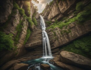 A waterfall cascading down the side of a rocky cliff with lush green foliage with Generative AI.