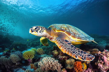 Naklejka na ściany i meble turtle swimming in the ocean surrounded by coral, sea turtles, generative ai 
