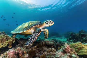 Obraz premium turtle swimming in the ocean surrounded by coral, sea turtles, generative ai 