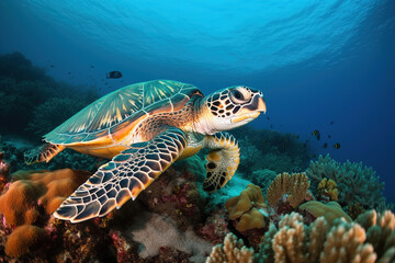 turtle swimming in the ocean surrounded by coral, sea turtles, generative ai 