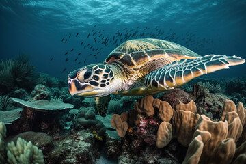 Naklejka na ściany i meble turtle swimming in the ocean surrounded by coral, sea turtles, generative ai 