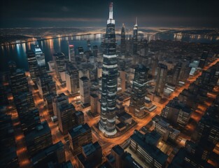 Obraz premium A drone's-eye view of a modern city skyline at night full of lit-up skyscrapers with Generative AI.