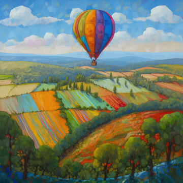 whimsical hot air balloon floating over a patchwork of fields and forests, with a bright blue sky overhead. Oil painting style, generative ai