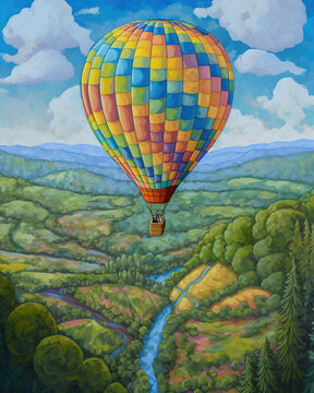 whimsical hot air balloon floating over a patchwork of fields and forests, with a bright blue sky overhead. Oil painting style, generative ai