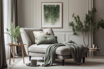 Living room interior design with a chic gray recliner, abstract wall art, vase of flowers, pillow, tartan, and attractive personal items. Concept in beige. staging a home today. Generative AI