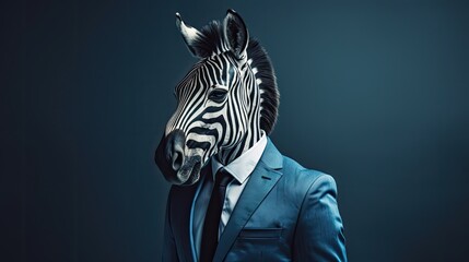 AI generated conceptual portrait of a man in a business suit, his head replaced by a zebra's, representing balance
