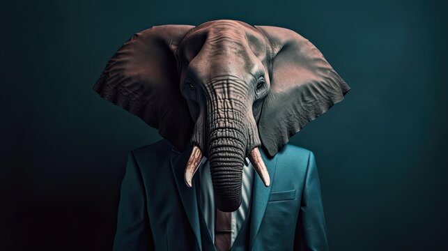 Neural portrait of man in business suit with elephant head, leadership, endurance, and capacity to overcome obstacles
