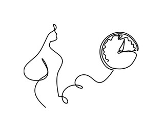 Woman silhouette body with clock as line drawing picture on white