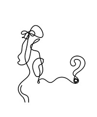 Woman silhouette body with question mark as line drawing picture on white
