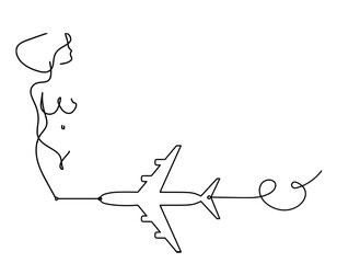 Woman silhouette body with plane as line drawing picture on white