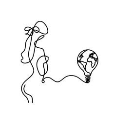 Woman silhouette body with  light bulb as line drawing picture on white