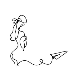Woman silhouette body with paper plane as line drawing picture on white