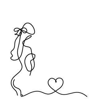 Woman silhouette body with heart as line drawing picture on white