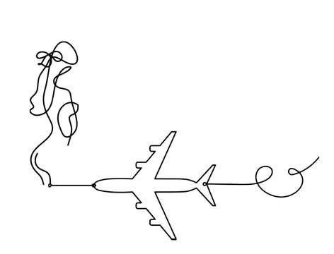 Woman silhouette body with plane as line drawing picture on white