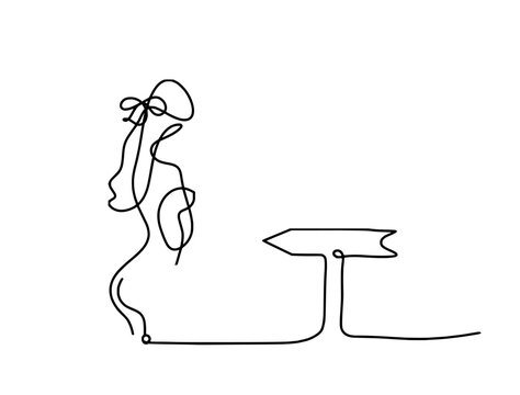 Woman silhouette body with direction as line drawing picture on white