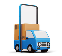 Delivery car with phone and parcel box, transport vehicle, 3d rendering