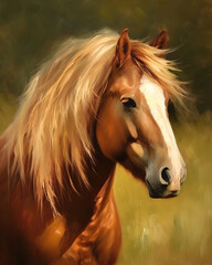 close-up portrait of a majestic horse with a flowing mane and intense eyes, standing in a meadow. Oil paint  style, generative ai 