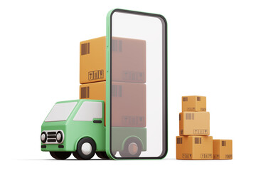 Delivery car with phone and parcel box, transport vehicle, 3d rendering