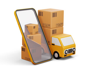 Delivery car with phone and parcel box, transport vehicle, 3d rendering